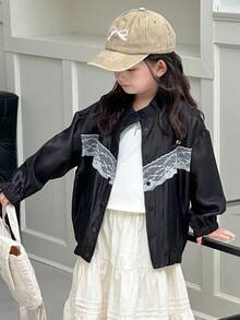 Dazy Kids 年轻女孩落肩长袖蕾丝拼布休闲单排扣时尚夹克 - 黑色 - 查看 6