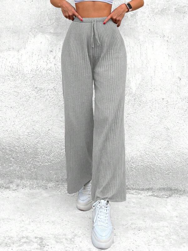 Cottnline Baumwoll Damen Einfarbige Hose mit hoher Taille, Schleife und weitem, geradem Schnitt für Lässig-Looks