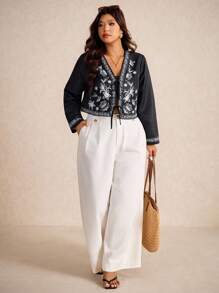 Elaquor Große Größen Lässig Jacke mit Blume Muster und Kordelzug