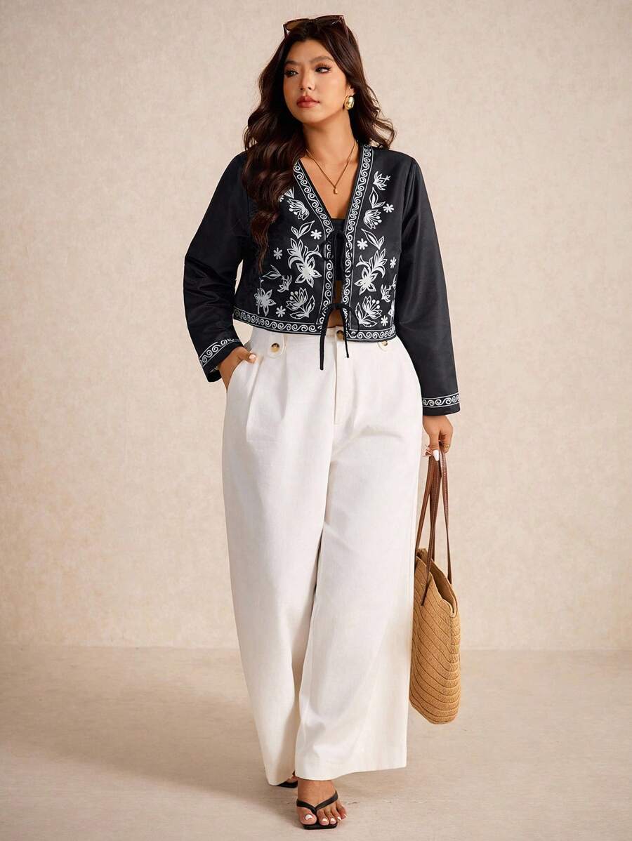 Elaquor Große Größen Lässig Jacke mit Blume Muster und Kordelzug