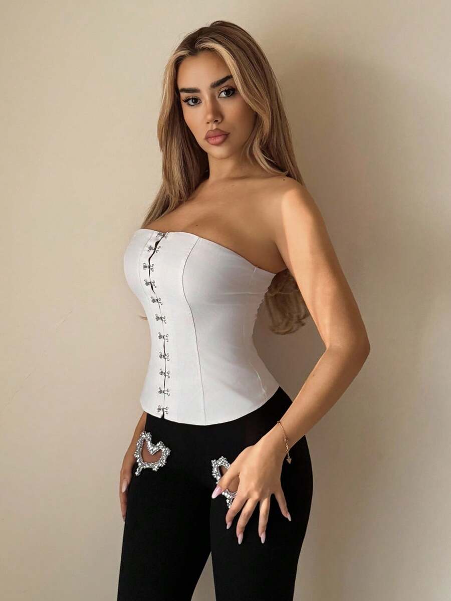 SHEIN ICON Women's Going Out Off Shoulder Casual Old Money Fashionable Front Button Fitted Camisole Top - Beige - View 1
