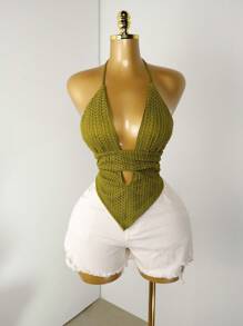 Mistrie Áo hở vai cổ chữ V khoét sâu màu trơn gợi cảm mùa hè có dây đeo, áo ngực màu xanh lá cây, ren, hở hang, thắt nút, - màu xanh lá - Xem 6