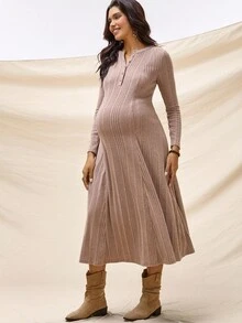 SHEIN فستان أمومة كاجوال بأكمام طويلة وأزرار - كاكي - مشاهدة 1