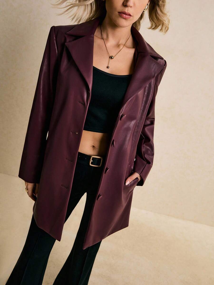 Poéselle Women's Burgundy Faux-Leather Blazer Jacket,Oversized Vegan Leather Button-Front Coat,Chic Autumn Night Out,Quiet Luxury Lapel Neck Long Sleeve Jacket - Burgundy - View 1