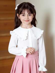 SHEIN 年轻女孩休闲白色纹理长袖衬衫 - 白色 - 查看 1