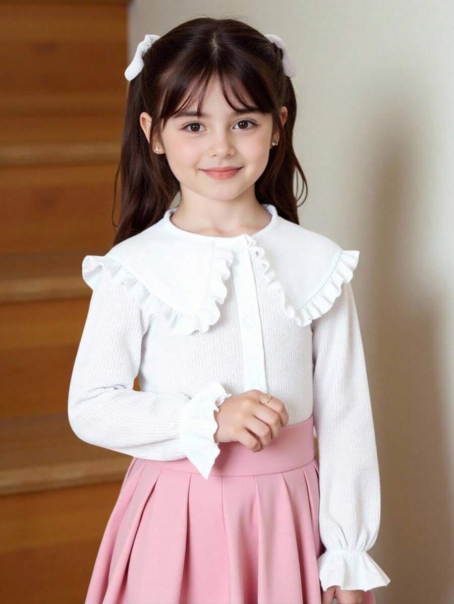 SHEIN 年轻女孩休闲白色纹理长袖衬衫 - 白色 - 查看 1