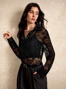 House of One Collared Long Sleeves Transparent Black Lace Shirt Top Women Casual Elegant Party Autumn Lace Blouse