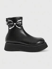 ROMWE Grunge Punk 2.0in Heel Lace Bow Round Toe Zipper Back Punk Style Leather Platform Ankle Boots, Casual Thick Sole Ankle Boots For Women - Black - View 1