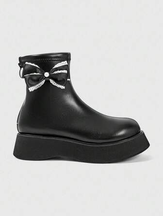 Grunge Punk Botas de tobillo de plataforma de estilo punk con tacón de 2.0 pulgadas, punta redonda con lazo de encaje y cremallera trasera, suela gruesa casual y de corta duración para mujeres