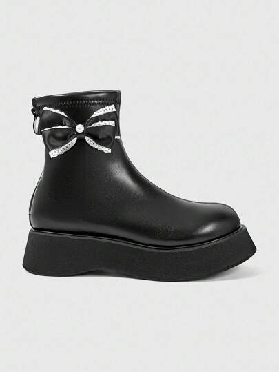 Grunge Punk 2.0in Heel Lace Bow Round Toe Zipper Back Punk Style Leather Platform Ankle Boots, Casual Thick Sole Short Boots For Women