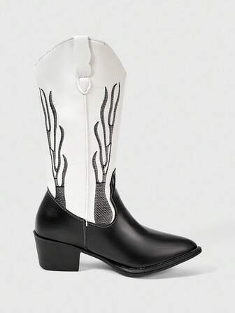 Fairycore Damen schwarze spitze Zehenschuhe mit niedrigem Absatz im Western-Stil, Slip-On Reitstiefel, College-Stil Kniehohe Stiefel, bestickte V-Ausschnitt Slip-On Lederstiefel, Stiefel in Knöchelhöhe