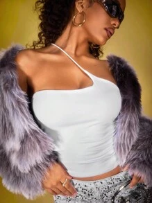 INAWLY Áo hai dây cổ bất đối xứng màu trơn thời trang mùa hè cho nữ - trắng - Xem 5