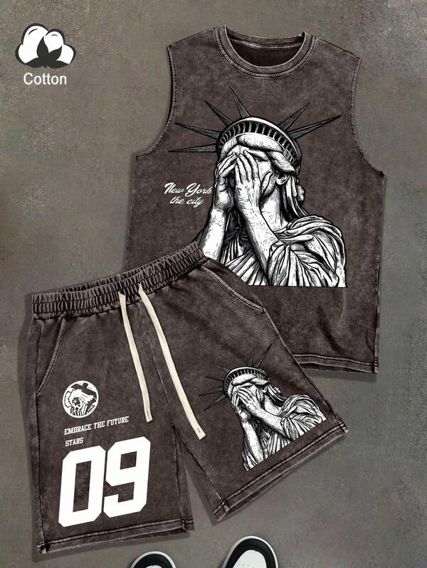 PAVTROS Manfinity Streetrush Men's Letter Print Crew Neck Tank Top And Drawstring Waist Shorts Set