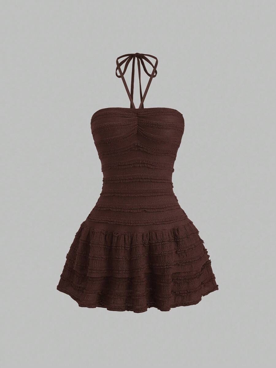 Sweetra Vestido mini con cintura anudada y escote envolvente de unicolor para mujer - Café - Ver 1