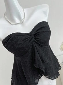 Sweetra 女式扭纹蕾丝简约荷叶边下摆吊带背心，春夏季 - 黑色 - 查看 6