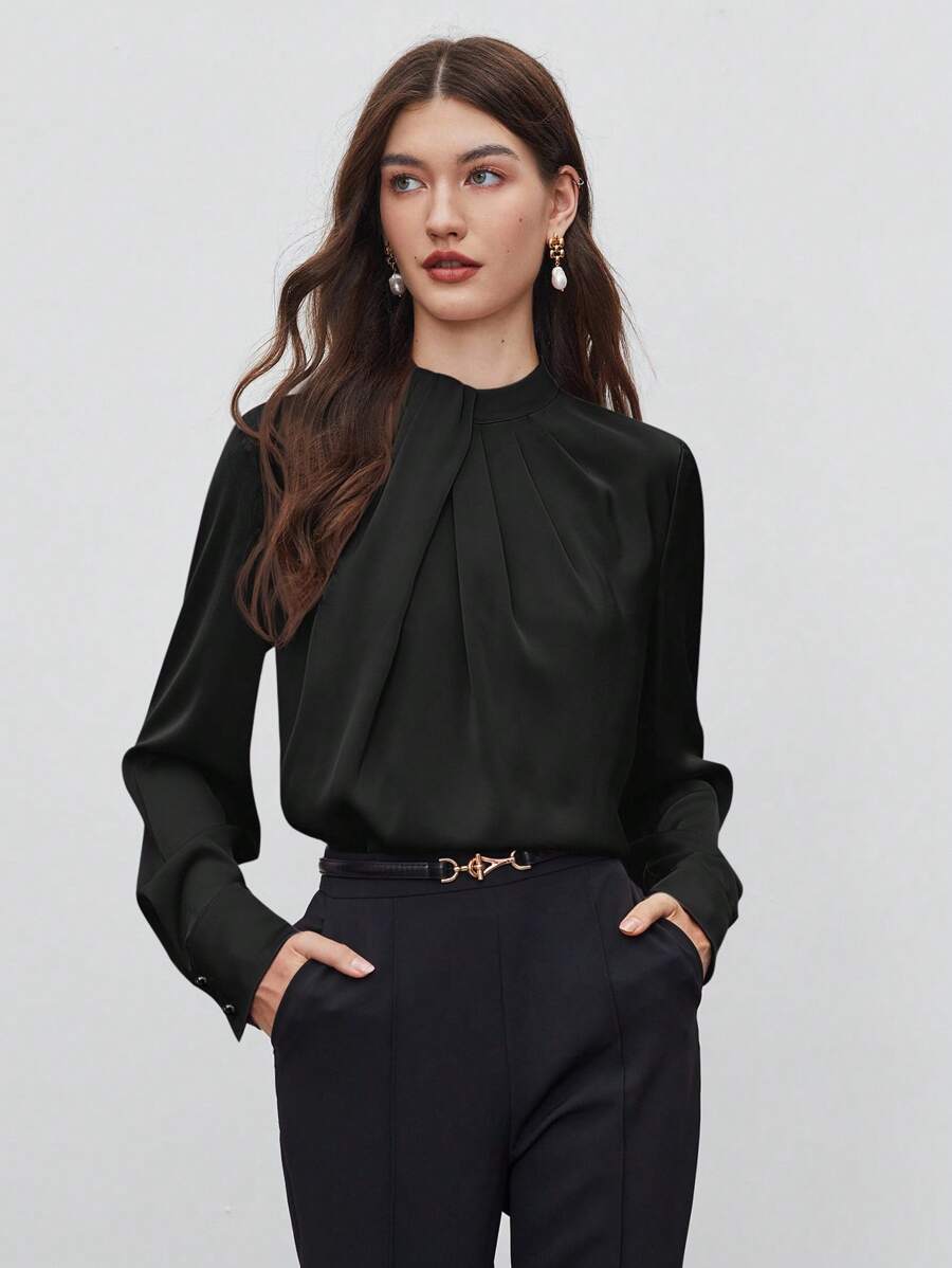 BizChic 女式不对称设计褶饰宽松立领长袖上衣，基本款简约优雅别致商务休闲装，适合城市通勤，适合教师、办公室、婚礼、音乐会 - 黑色 - 查看 1