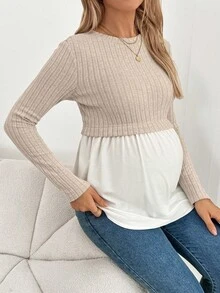 SHEIN Koszulka damska w ciąży z okrągłym dekoltem i długim rękawem, w kontrastowym kolorze, prążkowana, casualowa