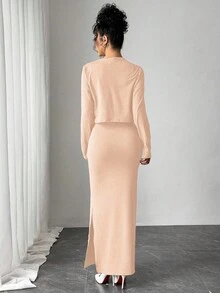 Elenzga Women's Solid Color Elegant Lady Style Jacket & Dress Set With Floral Decor, Suitable For Spring/Summer Fall Cloth For Women