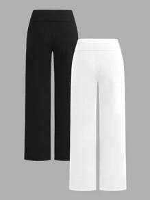 SHEIN EZwear 2 件女士休闲简约高腰喇叭直筒裤，带小马图案，黑白，适合夏季 - 彩色 - 查看 2