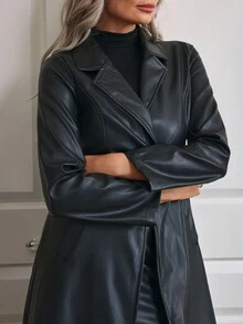 EMERY ROSE Lapel Collar Belted PU Trench Coat - Black - View 4