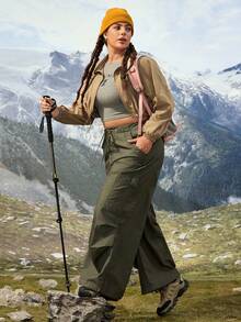 SHEIN Essnce 大码女式抽绳腰带口袋阔腿宽松休闲牛仔裤 - 軍綠色 - 查看 5