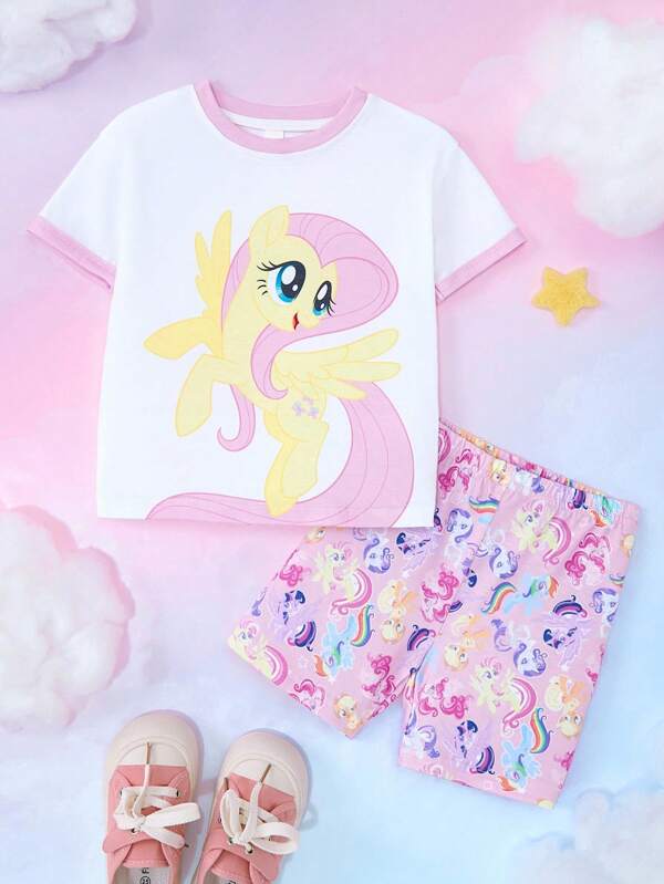 My Little Pony X SHEIN 2pcs/Set Young Girl Cartoon Pattern Round Neck Short Sleeve T-Shirt And Shorts