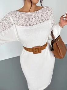 Firerie Vestido de suéter de encaje y parches de talla grande para mujer en otoño/invierno - Albaricoque - Ver 1