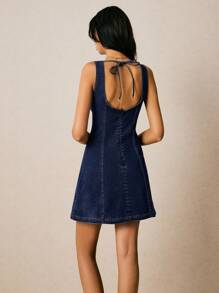Poéselle Women's Casual Sleeveless Round Neck Backless Tie-Up Denim Dress