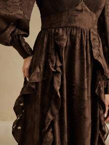 Anewsta New Stylish Design V-Neck Floral Ruffle Hem Maxi Dress, Slimming - Coffee - View 8