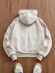 EASEVO Plus Size Men's Letter Print Long Sleeve Zip Front Pocket Casual Hoodie , Fall - Apricot - View 2