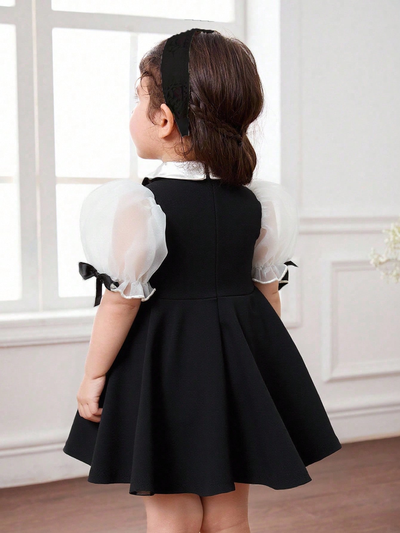 فستان بناتي بأكمام منتفخة وياقة فراشة ذو لونين، يا...