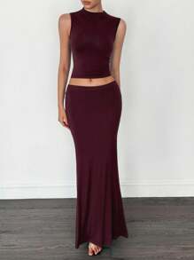 SHEIN Tall Dark Plum Knitted Fishtail Long Skirt + Small High Collar Top Two Pieces Suit - Brown - View 7