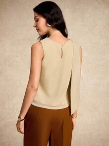 House of One Round Neck Sleeveless Chiffon Top With Train Tie Detail Women Elegant Casual Summer Autumn Tan Women Gold Top