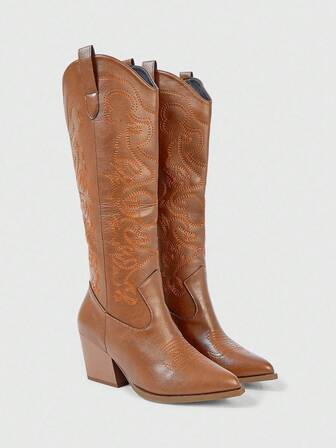 Fairycore 2025 Autumn/Winter New Pointed Toe Brown Chunky Heel Embroidery Western Boots, Outdoor Fashion Leather Over-The-Knee Boots