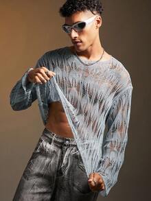 FeverCity Áo len dệt kim khoét lỗ màu trơn thời trang gợi cảm dành cho nam, mùa thu đông, áo dài tay - Màu xanh lam - Xem 3