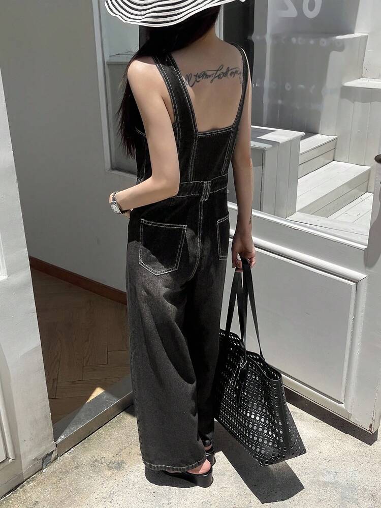 Women's Decorative Stitching Strap Jumpsuit Denim Bib Pants