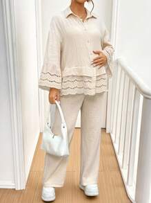 SHEIN Summer Casual Maternity 2 Pieces Set,Patchwork Embroidered Drop Shoulder Button-Up Shirt & Pants Beige Linen Cotton Modest Comfy Cottagecore Clothes - Khaki - View 4