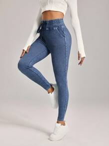 SHEIN Tall 女式休闲水洗高腰修身牛仔裤 - 深色水洗藍 - 查看 4