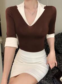 DAZY 女士优雅通勤撞色休闲T恤 - 咖啡棕 - 查看 2