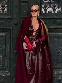 Anewsta Women's Long V-Neck Red Dress Burgundy Maxi PU Leather Women Outfit - Burgundy - View 8