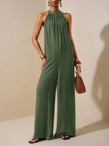 Zivah Mono de playa de primavera y verano, de cuello halter o redondo, sin mangas, ultra holgado y de pierna ancha, para ocio, vacaciones y uso diario - Verde militar - Ver 3