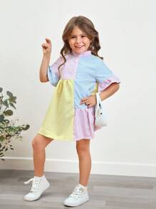 SHEIN Young Girl Striped Print Colorblock Flounce Sleeve Ruffle Hem Smock Dress
