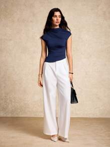 House of One Mock Neck Ruched Short Sleeves Asymmetric Hem Fitted Knit Top Women Summer Autumn Casual Top