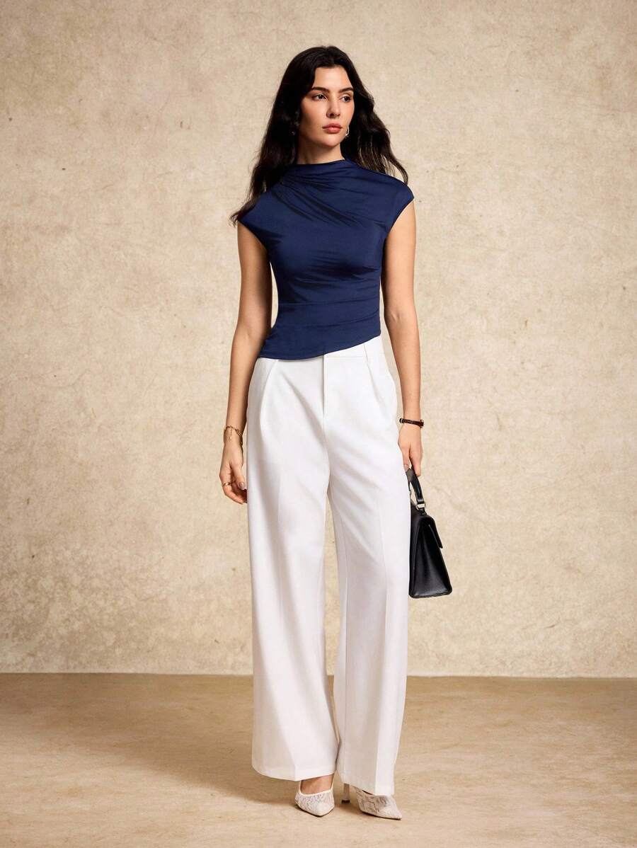 House of One Mock Neck Ruched Short Sleeves Asymmetric Hem Fitted Knit Top Women Summer Autumn Casual Top