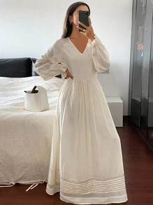 Livesso Váy midi ren chắp vá tay dài cổ chữ V, thắt eo cho nữ, mùa hè - trắng - Xem 7