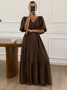 DAZY Váy ngắn tay đơn giản tối giản màu trơn dành cho nữ - Cà phê - Xem 2