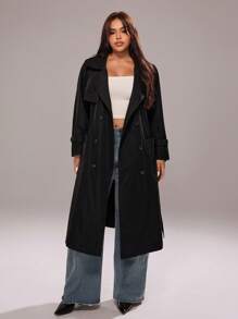 Rustia 大碼西裝領雙排釦腰帶風衣外套