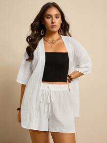 SHEIN LUNE 2pcs/Set Plus Size Casual Elastic Waist Top & Shorts Set Plus Size Linen Outfits Women Summer Outfit Set Linen Two Piece Set Summer Cardigan Plus Size Plus Size Summer Outfit Vintage Old Money Style Women Streetwear Fall Outfits Back To School Kawaii Streetwear Women Vintage Clothes Basic Back To School Autumn Going Ou Tracksuit White Shirt