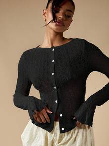 MISSGUIDED 纹理针织纽扣开衫，荷叶边下摆长袖荷叶边腰部秋冬日常必备分层上衣 - 黑色 - 查看 6