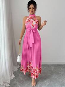 Elenzga 女式夏季优雅花卉宽松露背连衣裙 - 玫紅色 - 查看 4